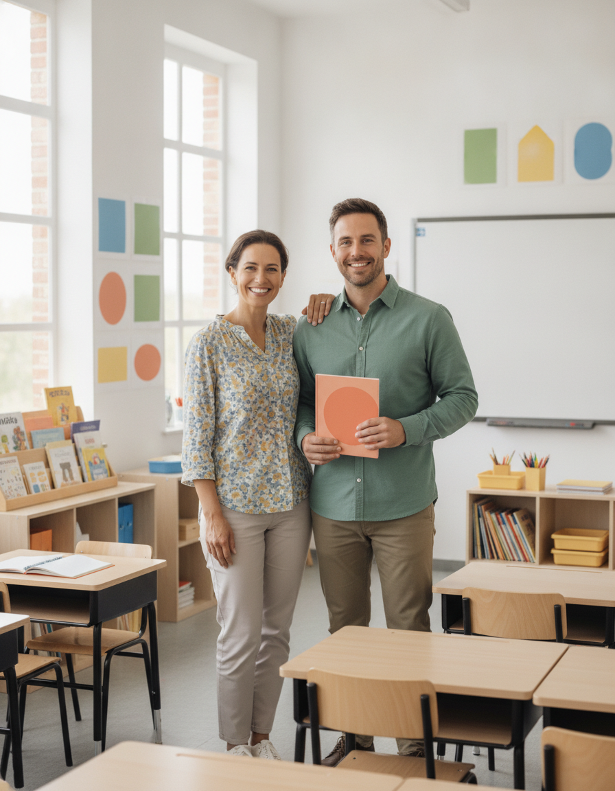 Parent and teacher smiling together in partnership