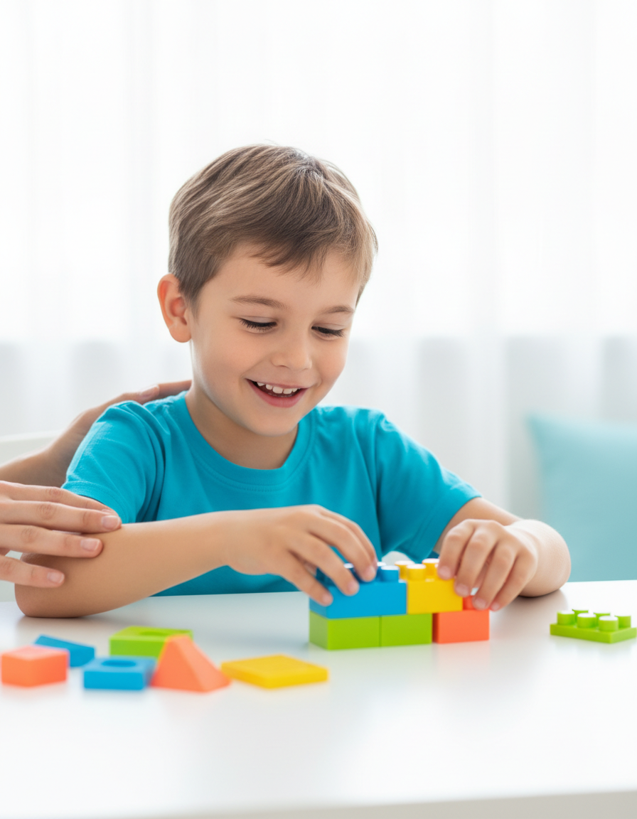 A 12-year-old child smiling with focus during a short hands-on learning activity while a parent offers gentle support