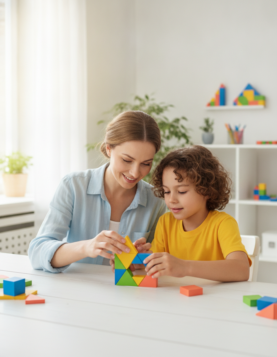 A mother and her 12-year-old child working side by side on one simple focused learning activity at a bright table