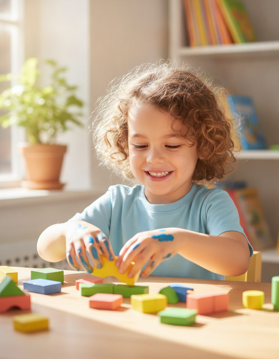 A focused 12-year-old child working with colorful hands-on counting blocks at a sunny desk