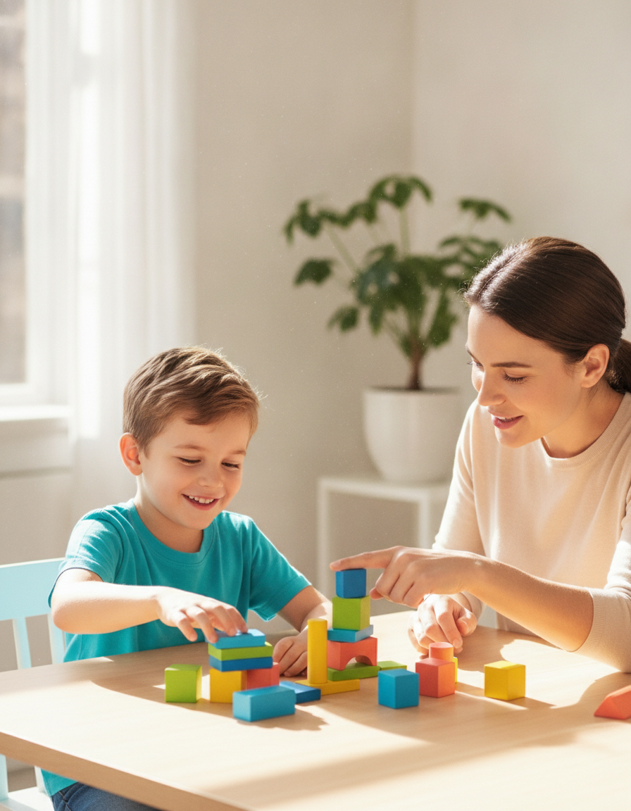 A child and parent exploring colorful geometric shapes and counting blocks together
