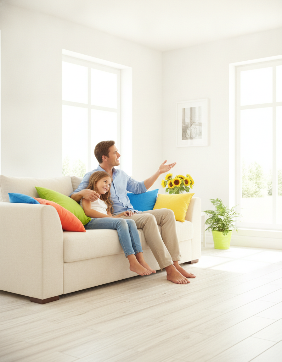 A parent and child sharing a calm reassuring moment together on a sofa
