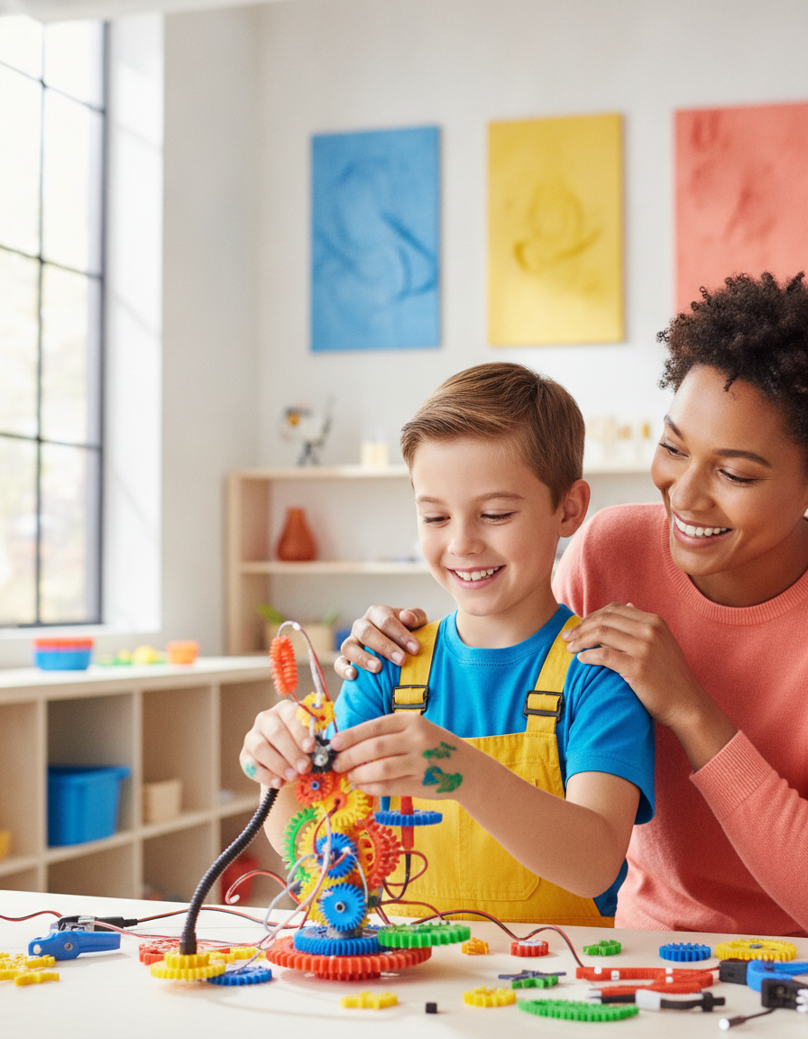 Child concentrating on a hands-on activity with a proud parent nearby