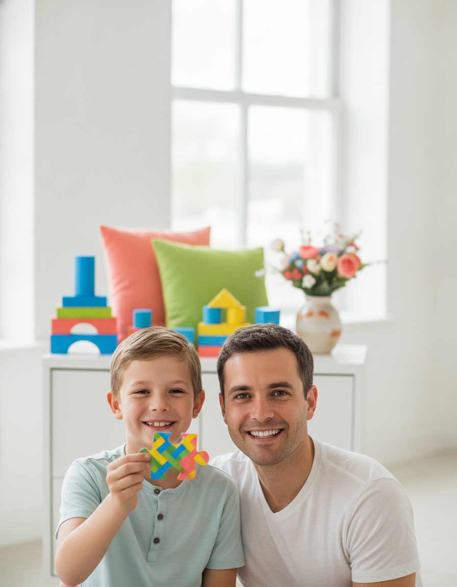 A child celebrating a small success with a parent, holding up a colorful puzzle piece