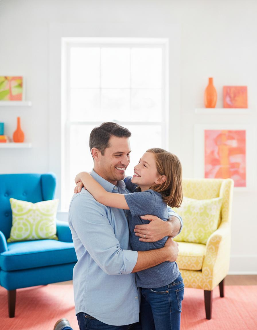 A parent and child hugging and smiling together in a bright cheerful room