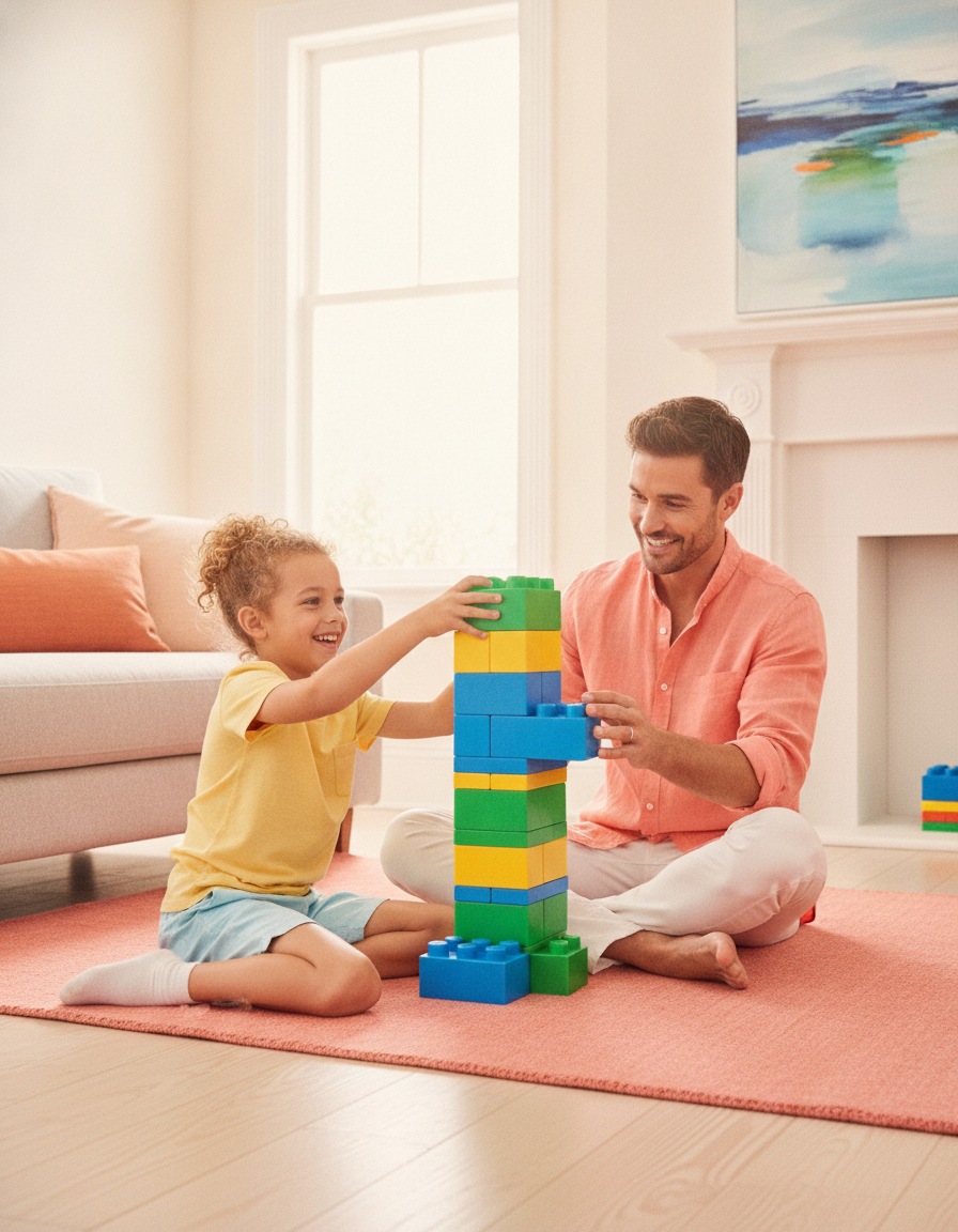 A parent and child building a tower with colorful blocks together at home
