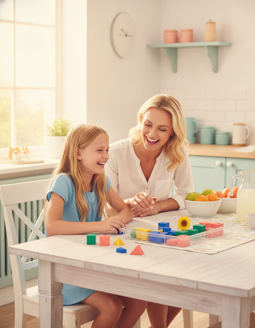 A relieved girl and her mother working through a colorful activity together at home