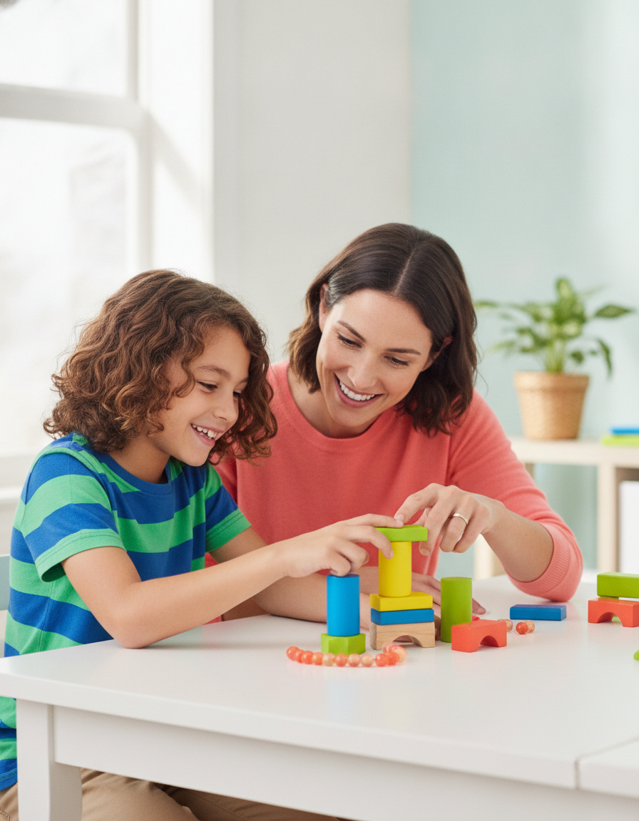 A parent and a 12-year-old child practicing a learning activity together at a bright table at home