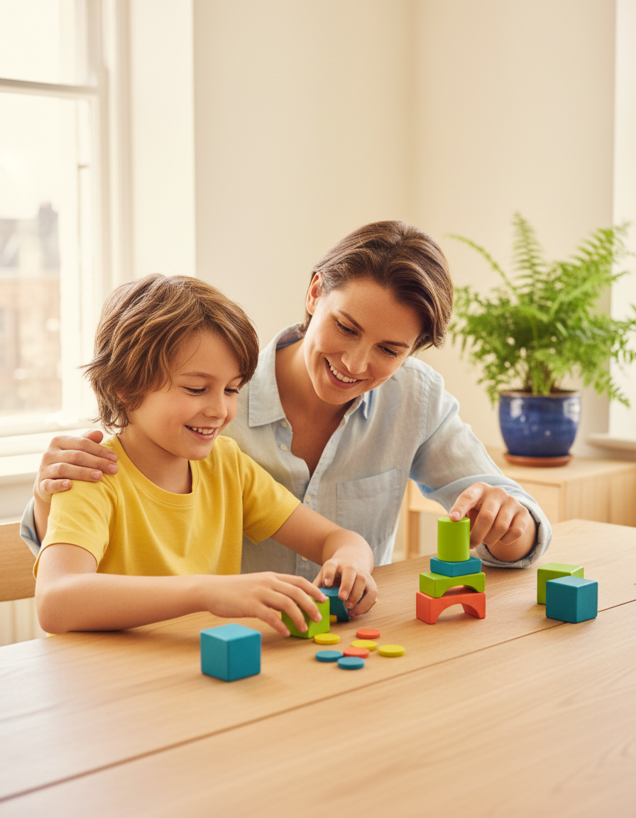 A 12-year-old child confidently building with bright colorful counting blocks at a light, airy table