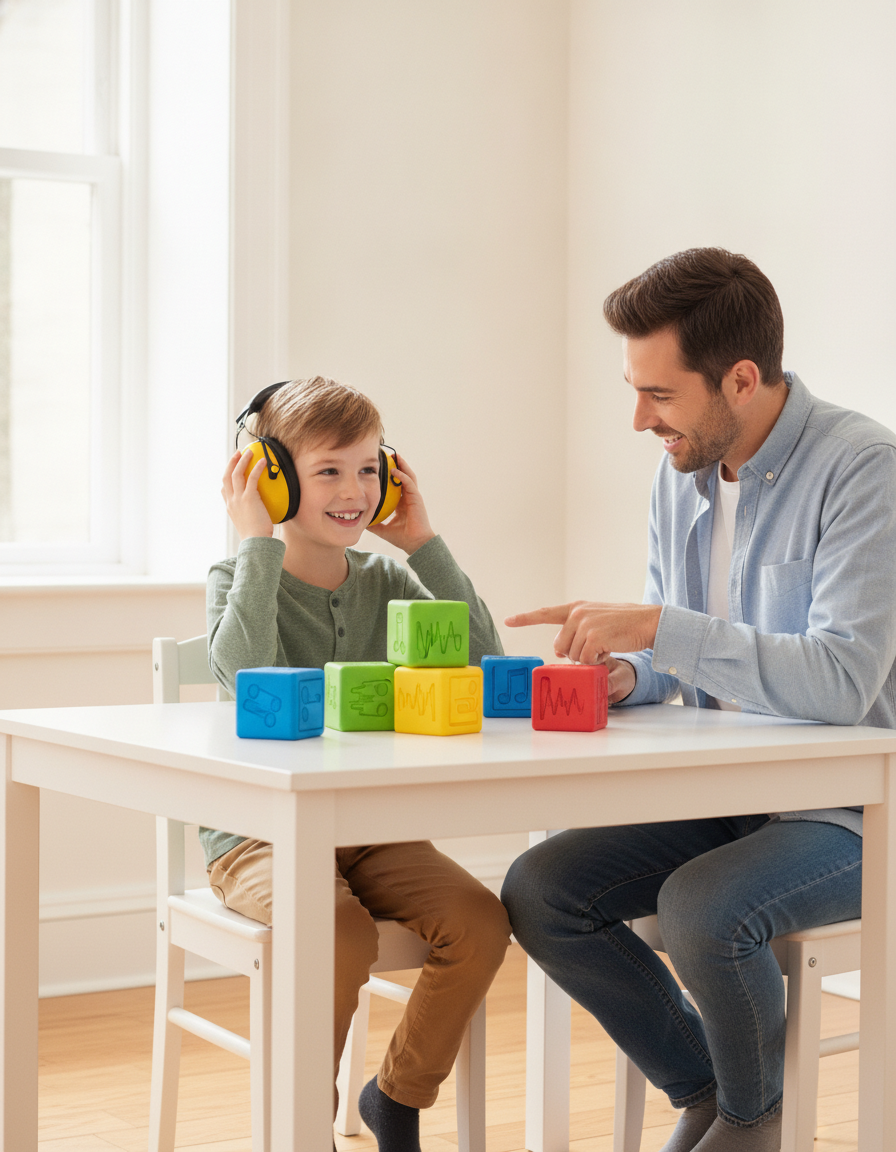A happy 12-year-old child and a parent playing a listening and sound game together at a bright table