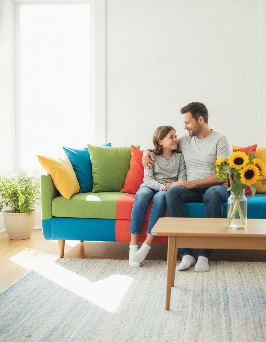 A parent and a 12-year-old child sitting close together having a warm, honest conversation at home