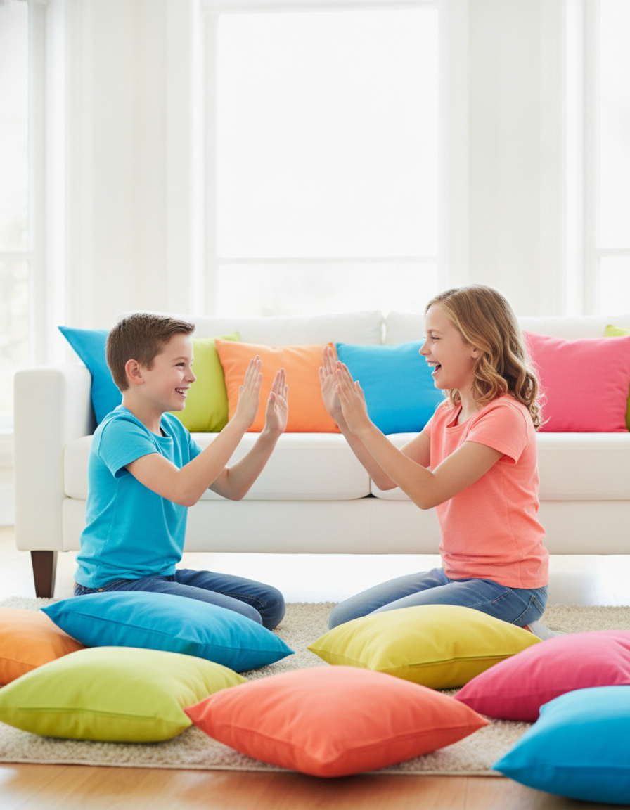 A cheerful 12-year-old and a parent playing a rhyming clapping sound game together in a bright living room.