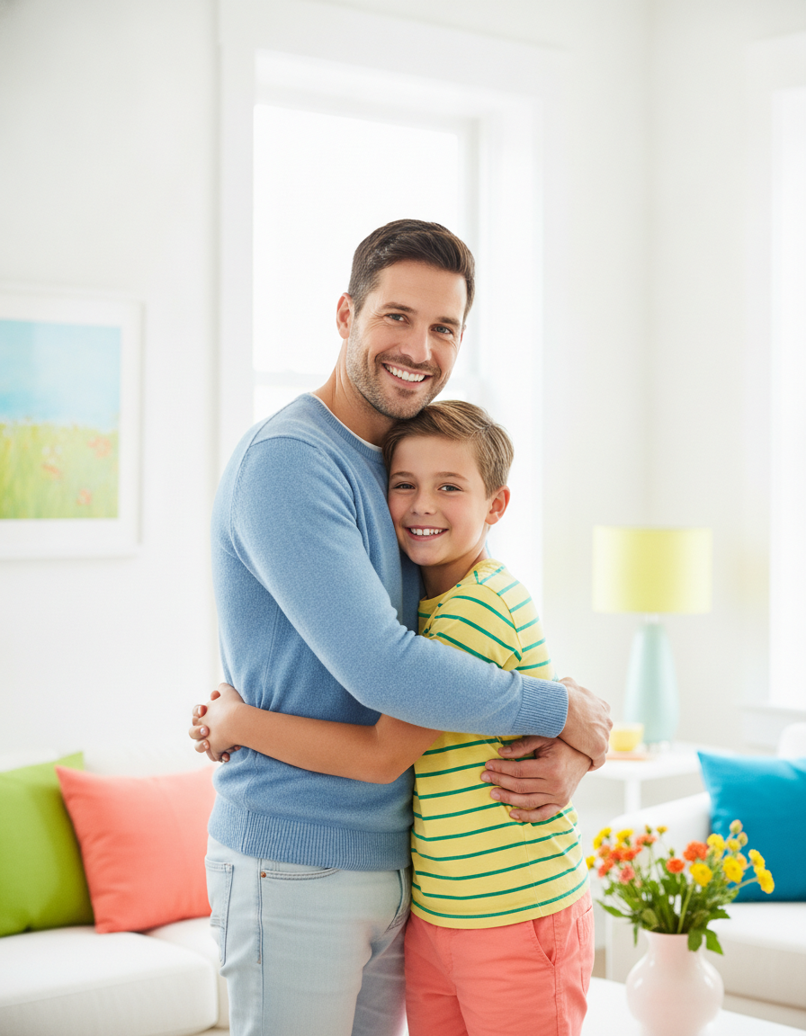 Parent and child hugging warmly at home