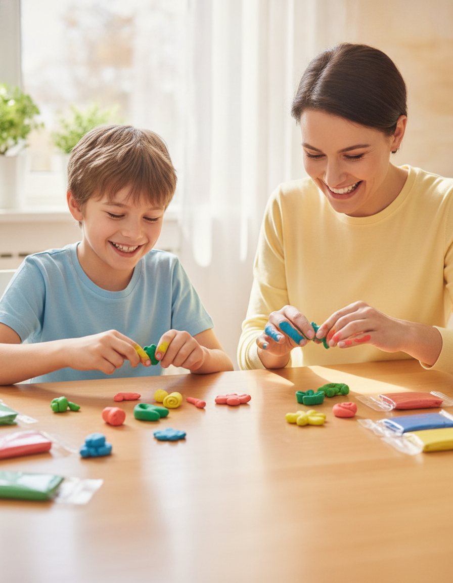A 12-year-old and a parent shaping colorful modeling clay together at a bright table.