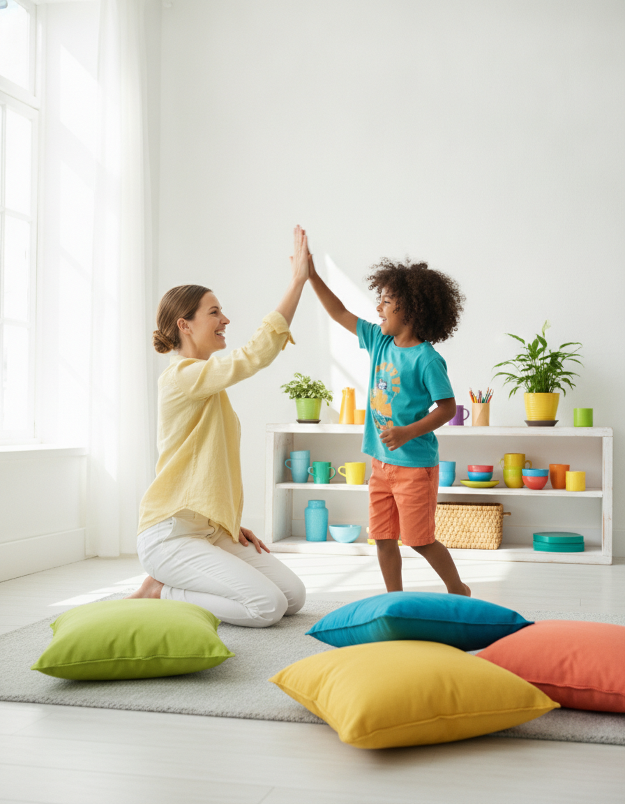 A joyful parent and 12-year-old high-fiving and celebrating effort together in a bright airy room.