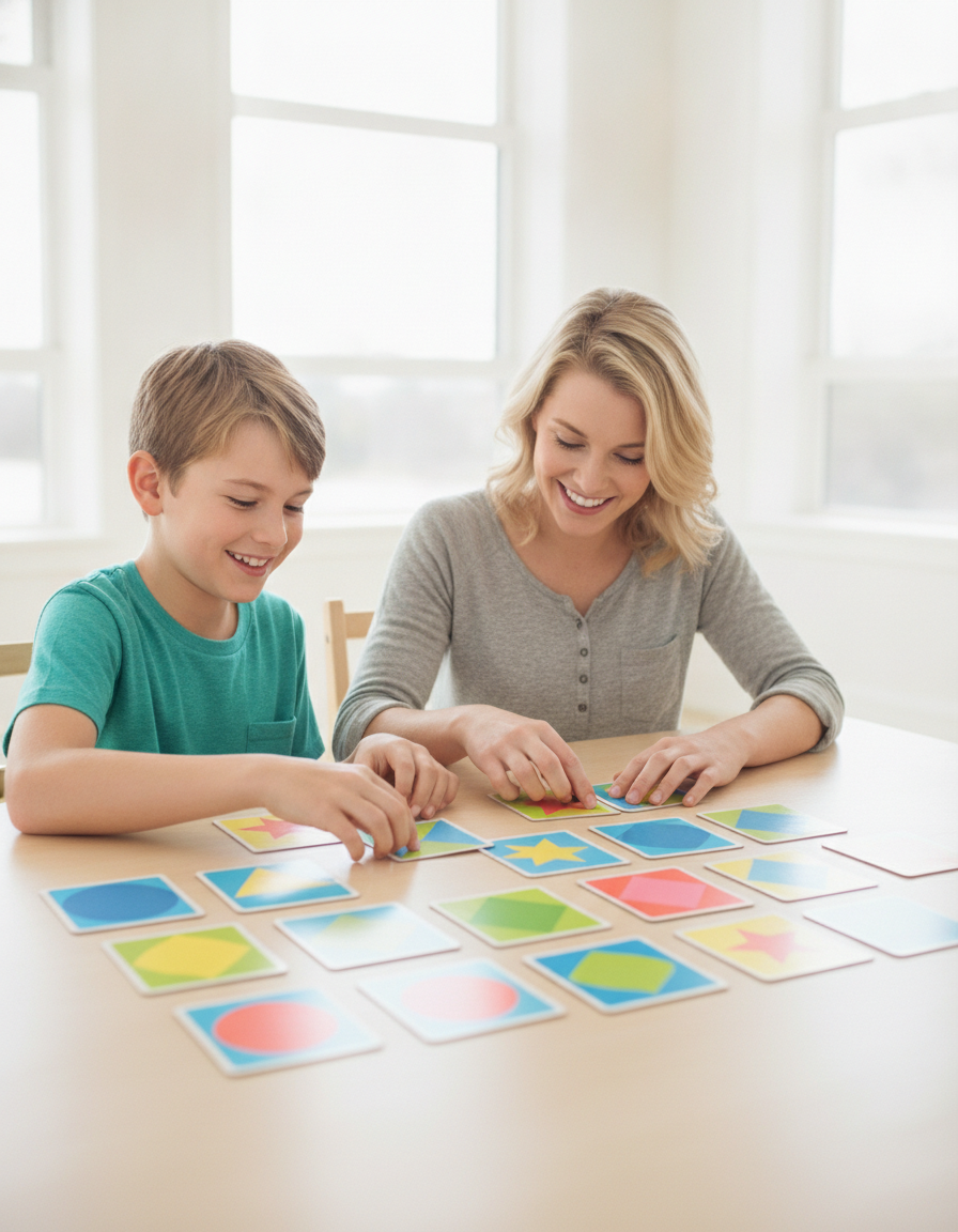 A happy 12-year-old and a parent sorting bright colorful magnetic shapes into patterns at a light table.
