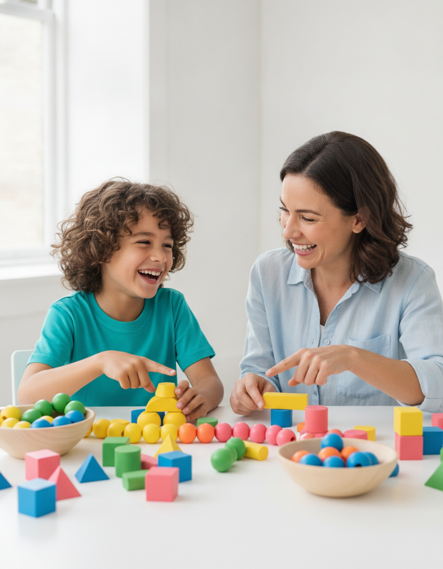 A parent and 12-year-old doing a hands-on counting activity together with colorful blocks in a bright airy room.