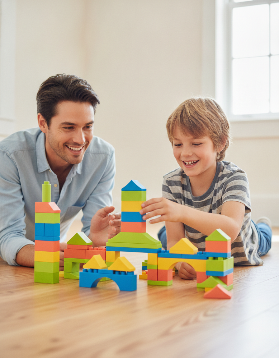 A focused 12-year-old building a colorful block structure while a parent kneels beside encouraging them in a bright airy room.