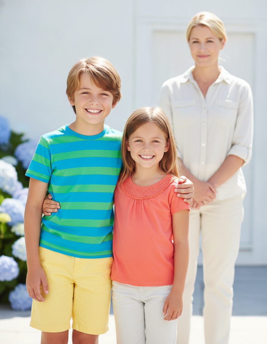 A happy 12-year-old smiling with a friend and a parent nearby in a bright cheerful room, a sense of belonging.