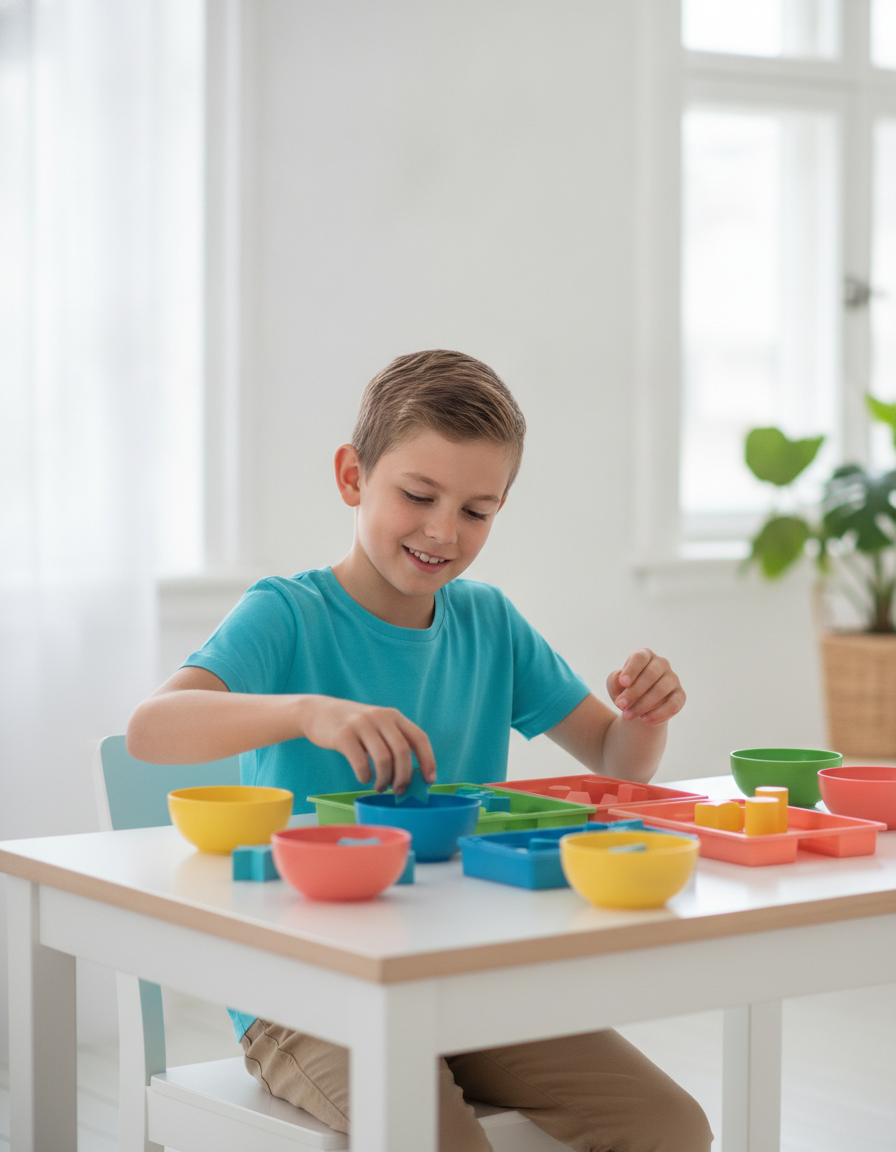 A confident child working independently on a colorful sorting activity at a bright desk