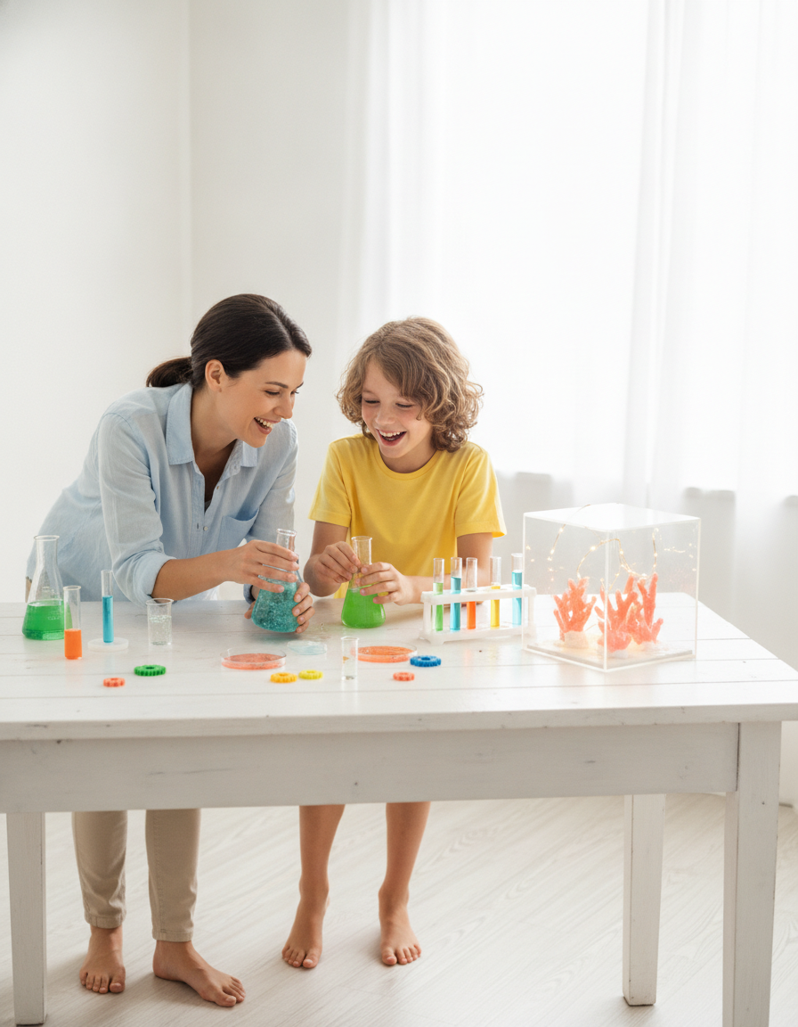 A parent and child doing a hands-on science activity together at a bright table