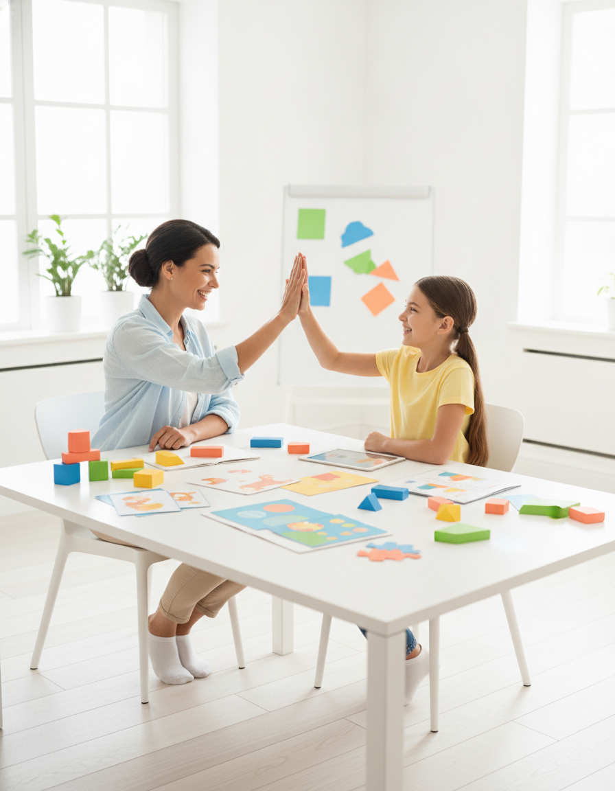A parent and child high-fiving during a fun learning game at a bright table