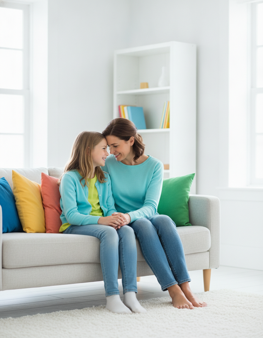 A parent and child talking warmly together on a bright couch