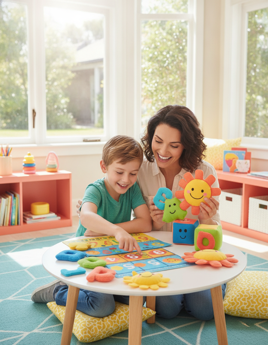 A patient mother sitting close beside her 12-year-old child reading together in a bright home learning corner, both smiling