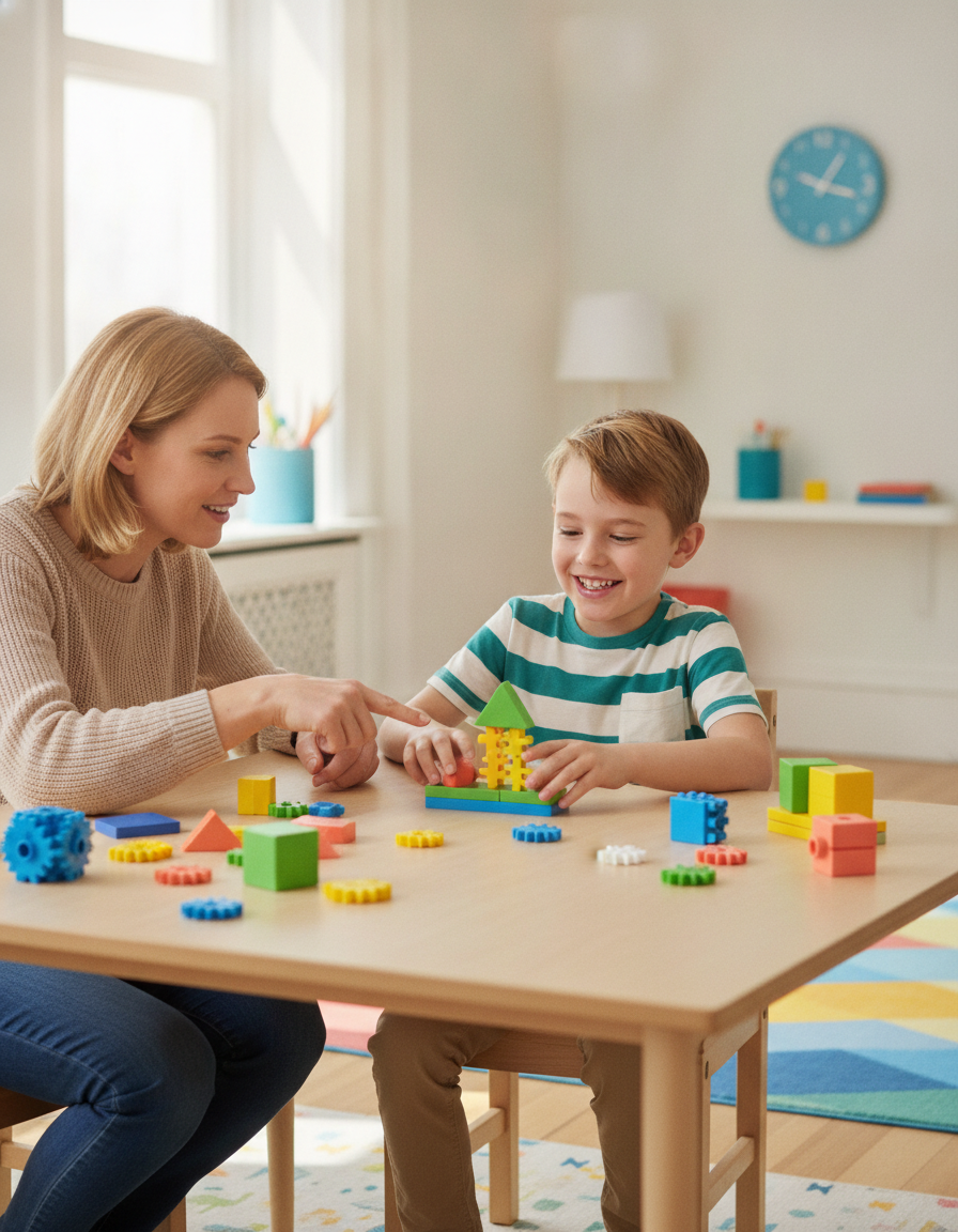 A happy 12-year-old child exploring hands-on math with colorful counting blocks at a bright sunny table with a parent helping