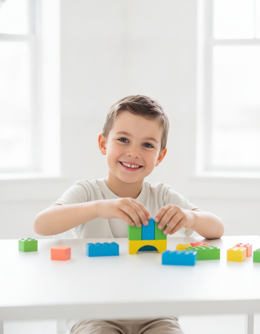 A cheerful 12-year-old building groups of colorful counting blocks at a bright table