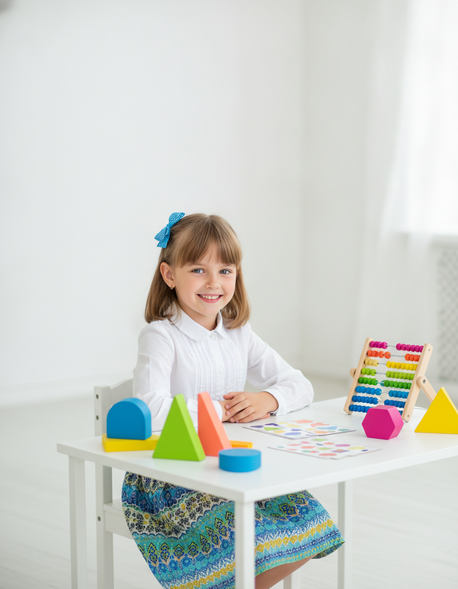 A cheerful confident 8-year-old girl at a bright table with colorful learning props