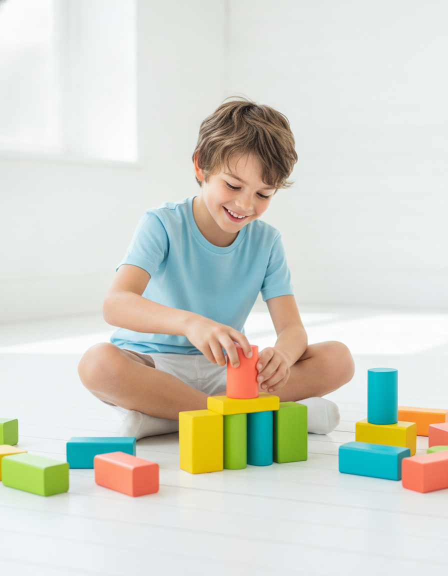A focused 12-year-old building skills with colorful learning blocks