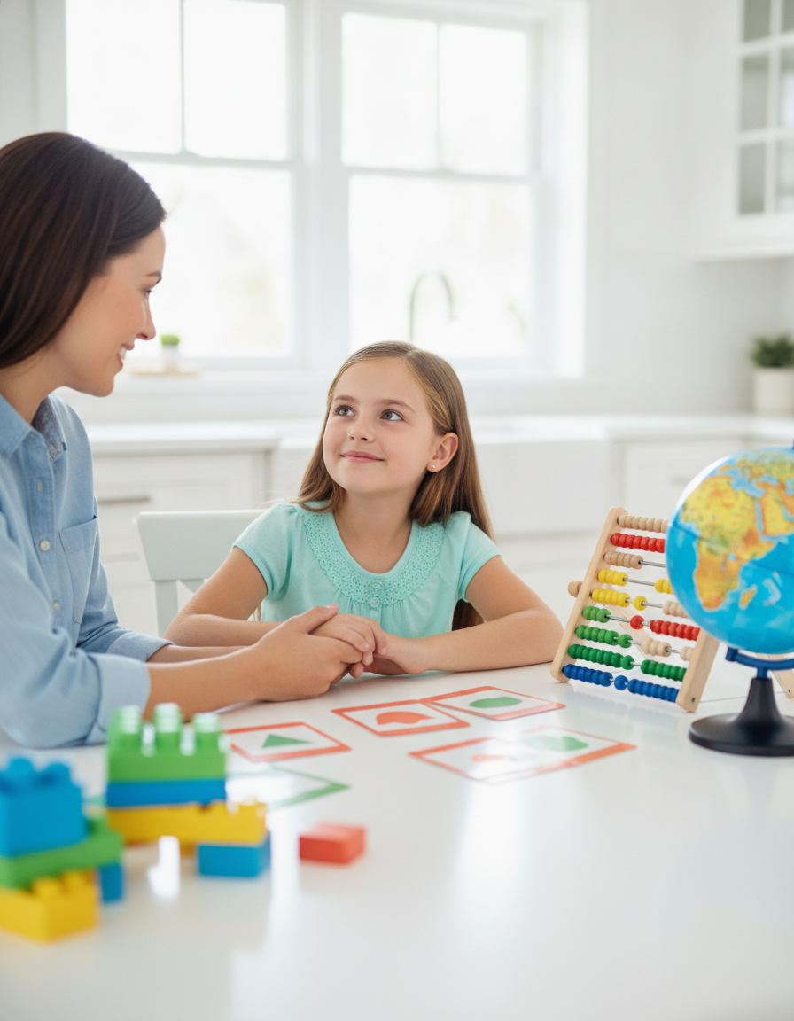 A calmer hopeful 12-year-old supported by a parent at the kitchen table