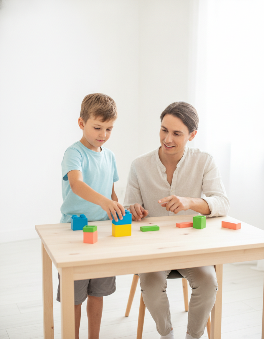A focused 12-year-old beginning the first small step of a task while a parent offers calm encouragement.