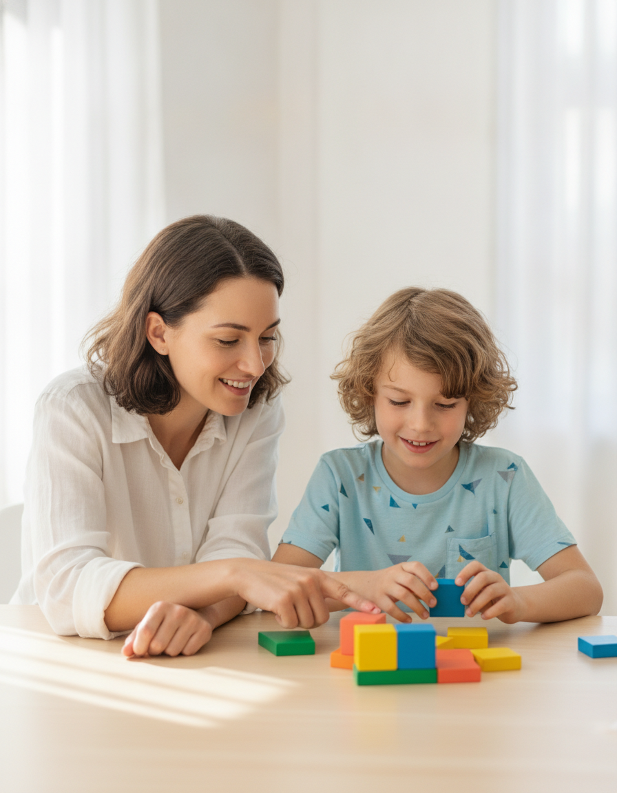 A parent and a 12-year-old working together on a colorful learning activity at a bright desk.