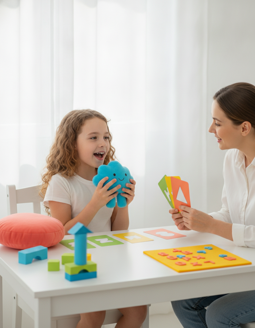 A 12-year-old practicing sounds aloud with a parent at a bright desk.