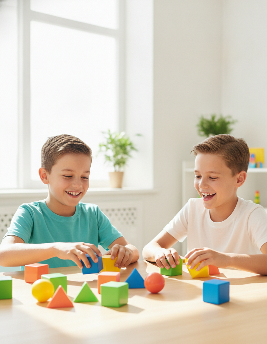 A 12-year-old and a parent sorting bright colored shapes together at a sunny table
