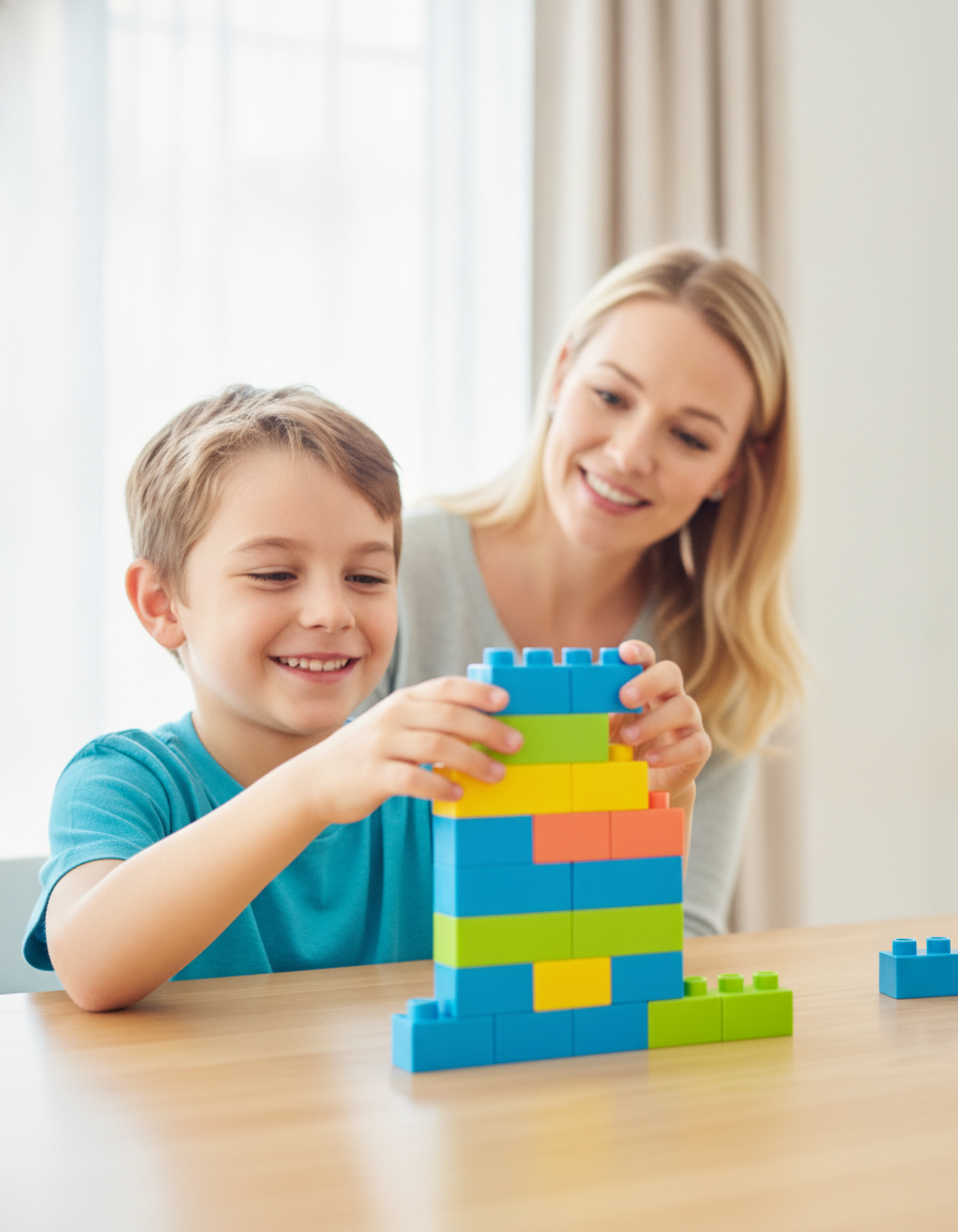 A focused 12-year-old stacking bright colored blocks in a sequence at a sunny table