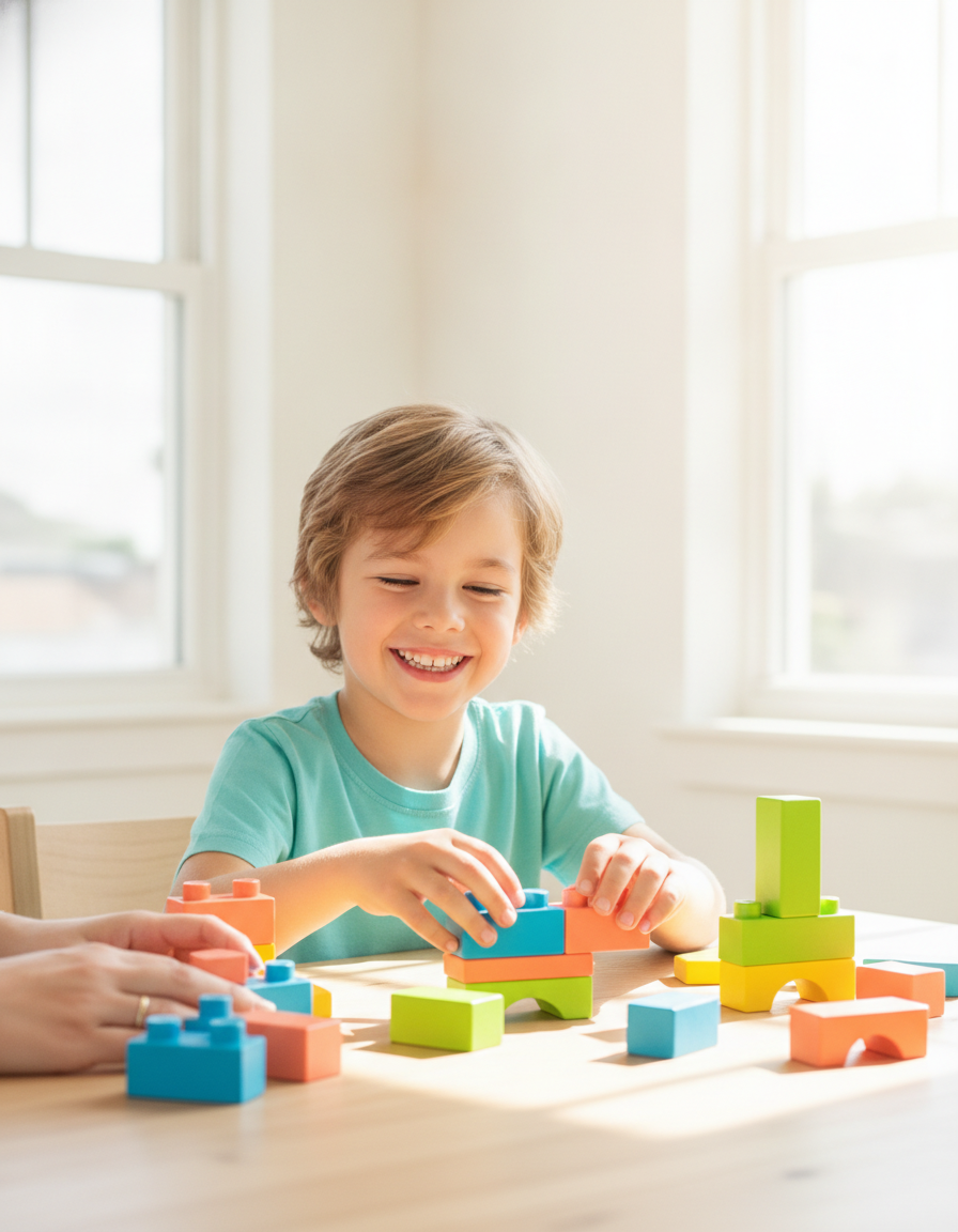 A 12-year-old and a parent re-engaging in a calm shared hands-on activity at a sunny table