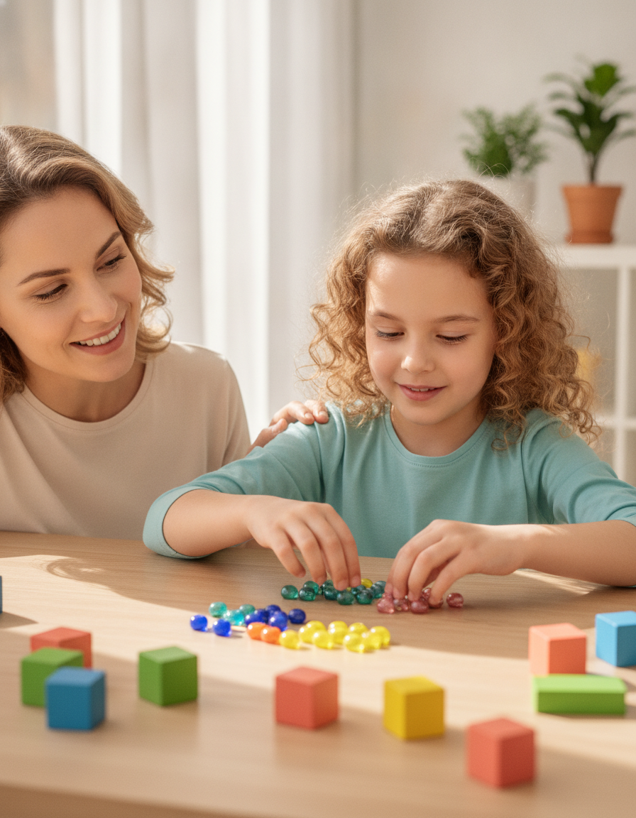 A cheerful 12-year-old girl arranging bright colored beads into small groups with her hands