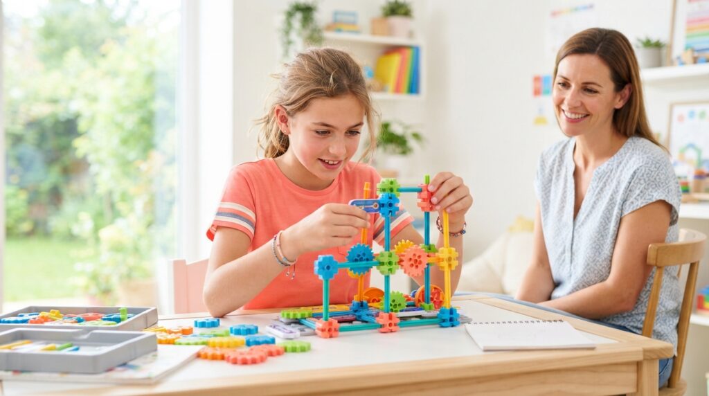 Determined 12-year-old girl concentrating on a hands-on learning activity in a bright room