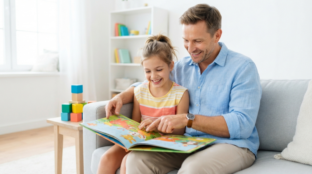 Patient father reading a colorful picture book with his engaged smiling child in a bright airy room