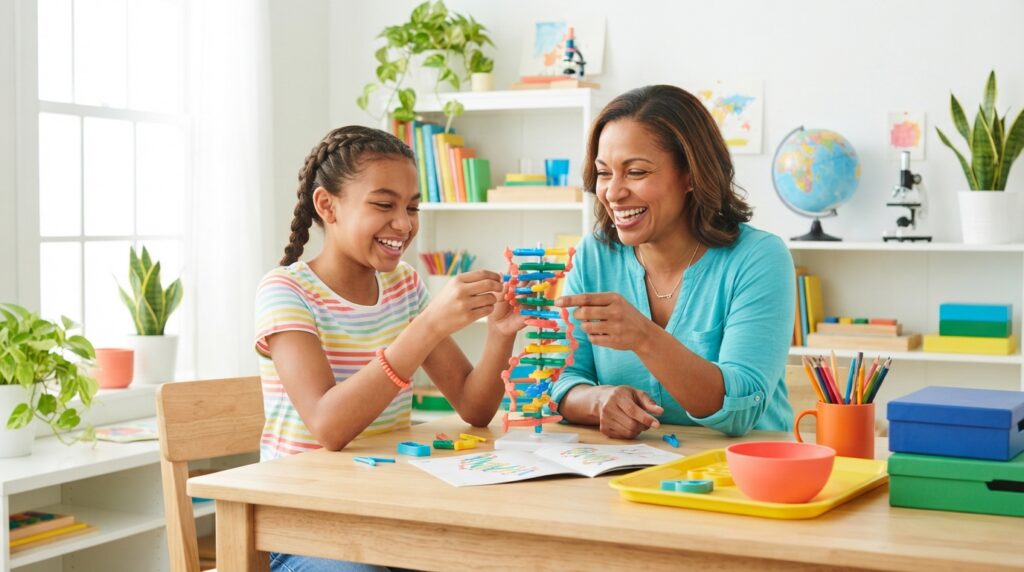 Homeschooled 12-year-old thriving in a bright hands-on lesson with an engaged parent