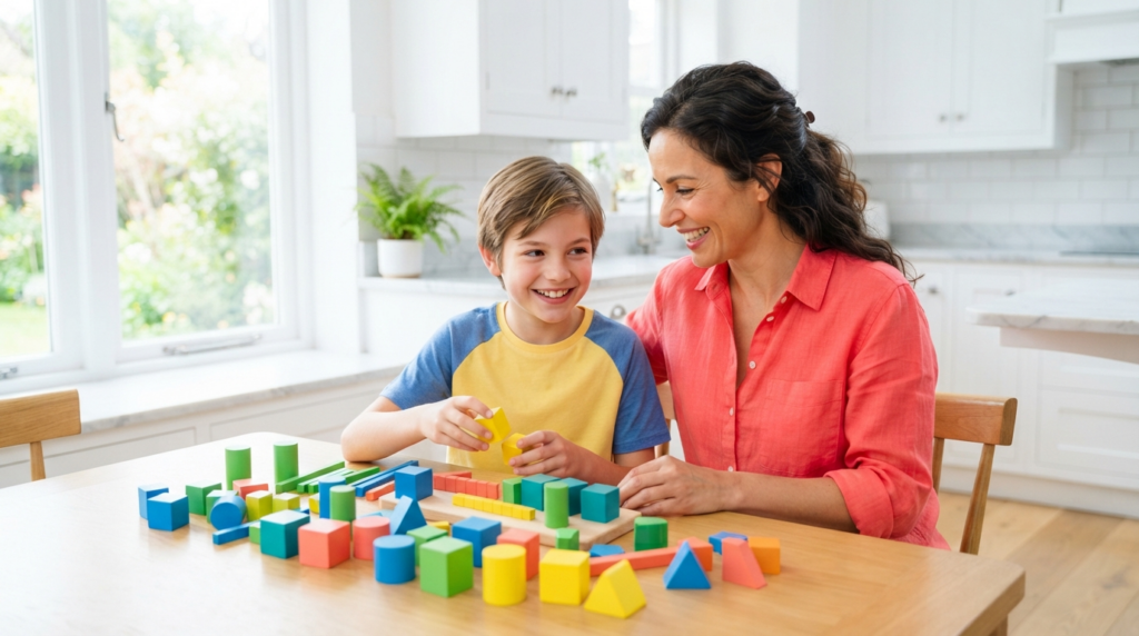 Encouraging mother and calm smiling child building math confidence with colorful counting blocks at a bright kitchen table