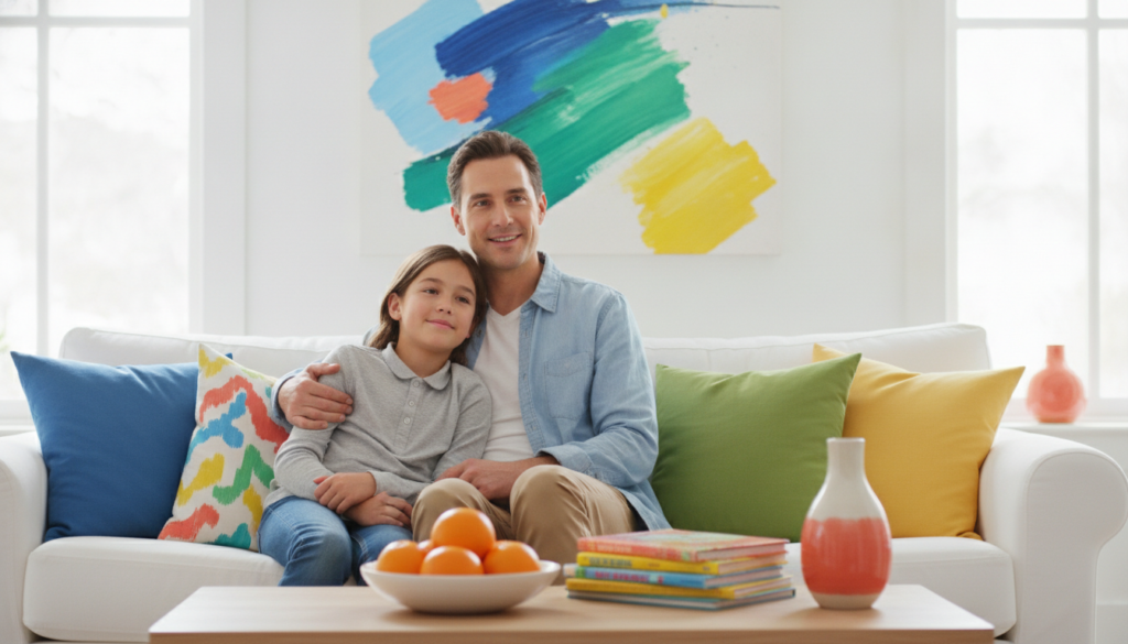 A reassuring parent and relaxed 12-year-old on a bright sofa