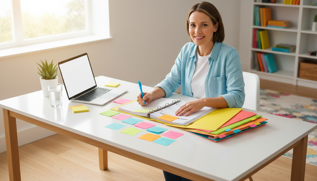A parent taking a calm first step to organize support for their child at a bright airy desk