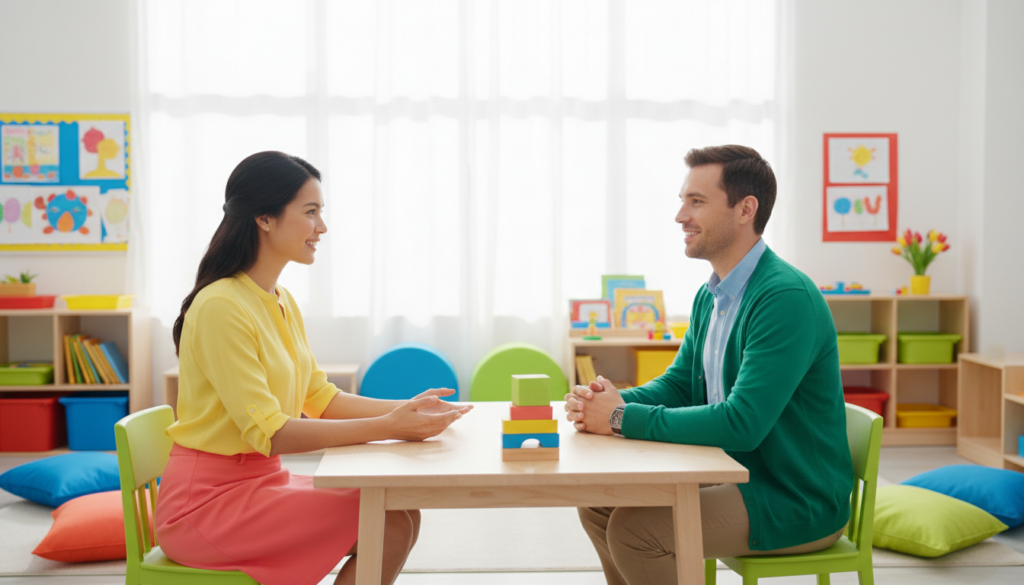 A confident calm parent and a teacher having a respectful productive conversation at a bright table