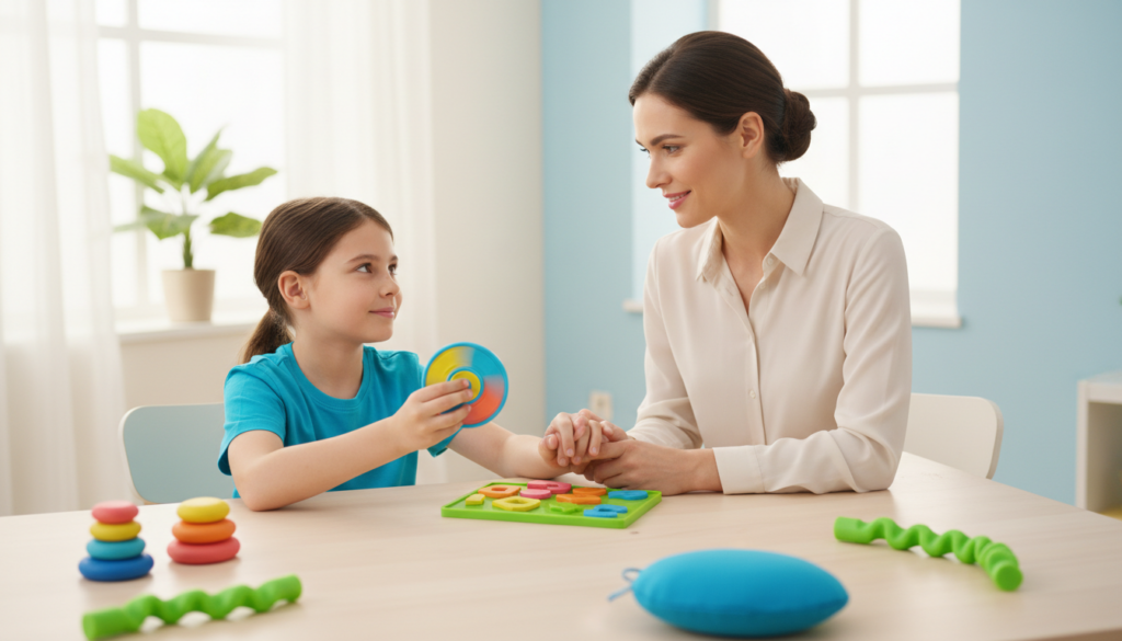A patient parent gently reconnecting with a child at a bright table as focus drifts and returns