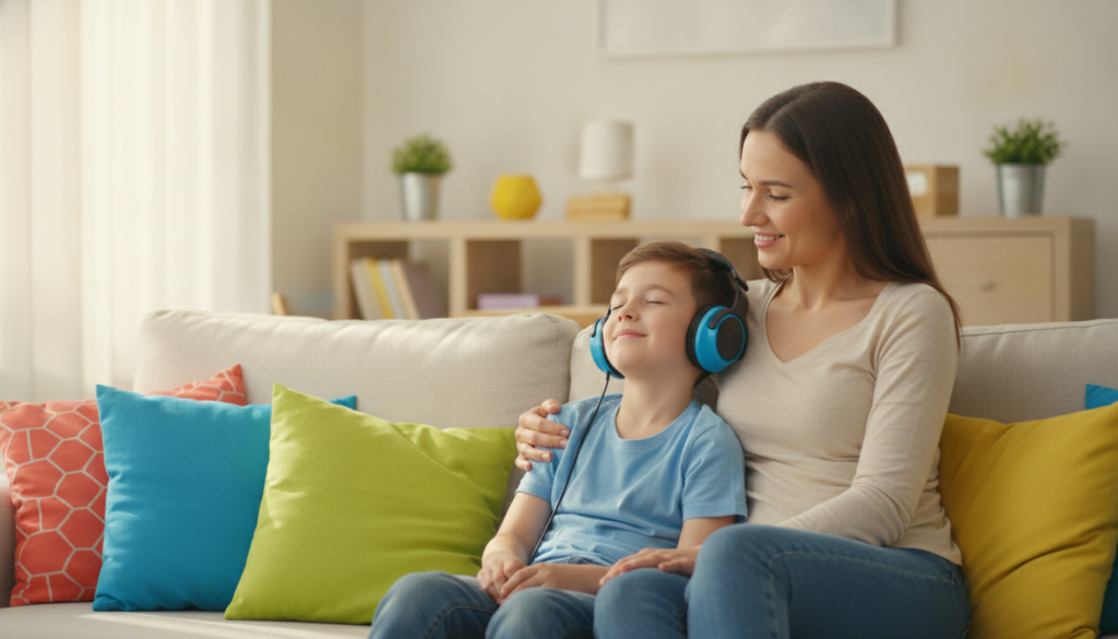 A mother and her 12-year-old child listening to an audiobook together on a bright sofa