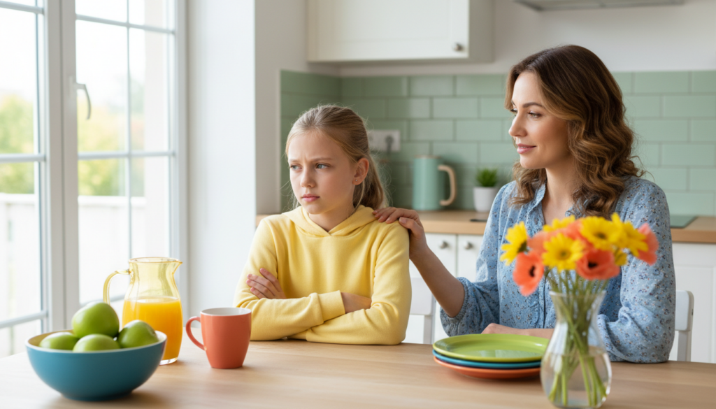 A mother calmly supporting her frustrated 12-year-old daughter at a bright kitchen table
